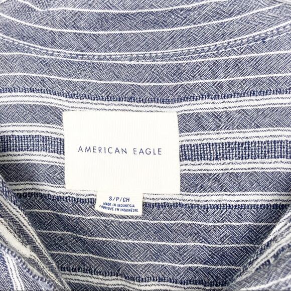 American Eagle Blue Pinstripe Button Down Tie Front Blouse Sz S - Picture 2 of 5